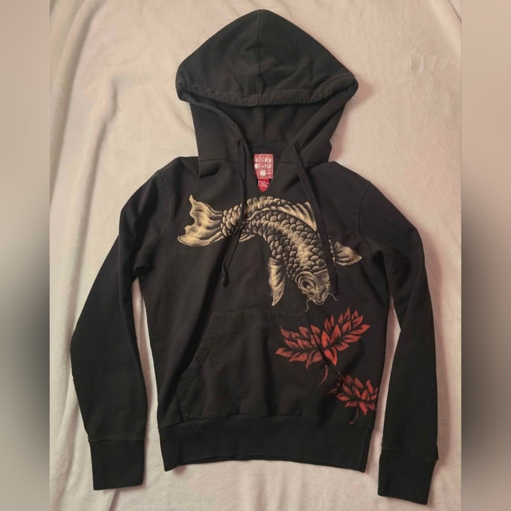 Lucky Brand Vintage Koi Fish and Lotus Flower Graphic Hooded Sweatshirt
